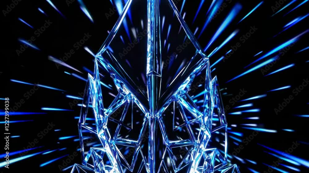 Aufkleber abstract crystal structure bursting with vibrant blue light streaks against a deep black background,