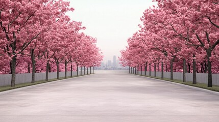 Naklejka premium Pink cherry blossom trees line city road