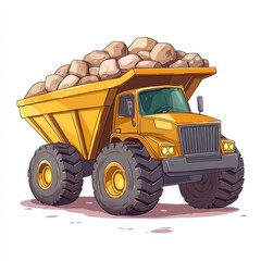 Dump Truck filled with stones isolated on white background. Dump Truck with stones. Heavy Machinery. Construction Vehicle loaded with stones. Dump Truck Design Element. Stone-filled Dump Truck.
