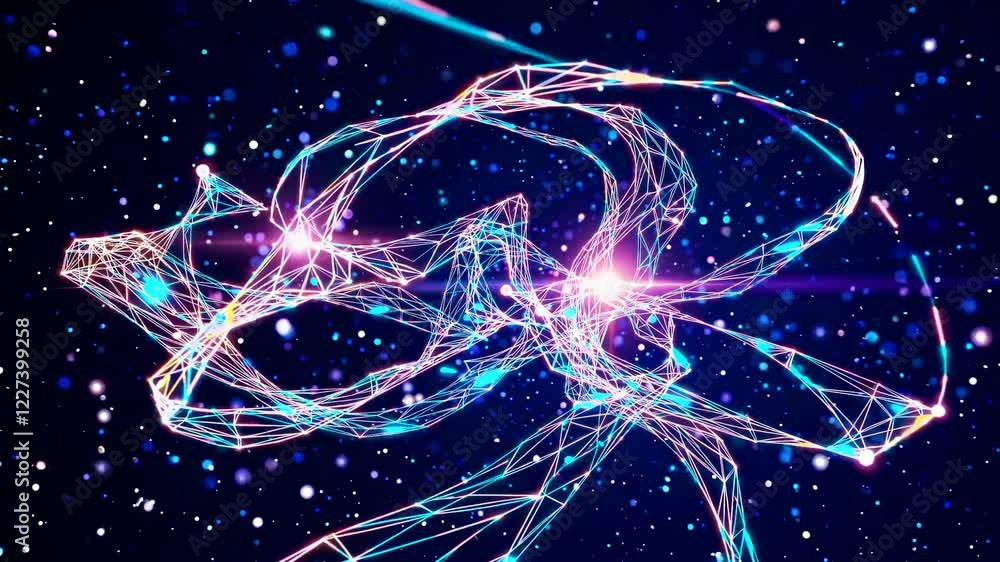 Poster vibrant abstract network of glowing lines and nodes against a cosmic backdrop, creating a futuristic