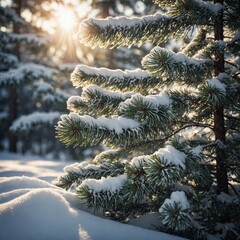 A snow-covered pine tree with soft, diffused sunlight.
