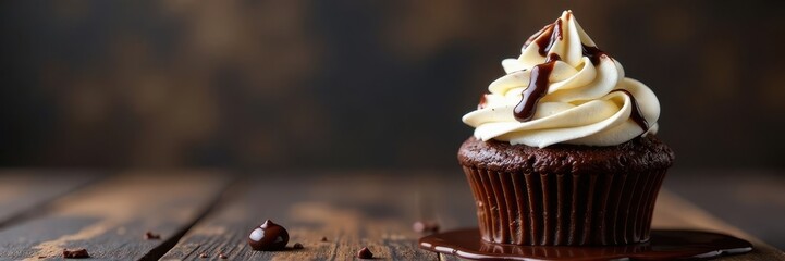 Chocolate cupcake with vanilla ice cream, whipped cream, and a chocolate sauce drizzle , vanilla, light, treat
