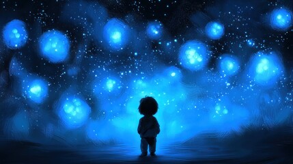 Obraz premium Child gazing at glowing orbs, night, fantasy, wonder