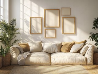 Cozy Living Room with Modern Scandinavian Sofa and Warm Sunlight