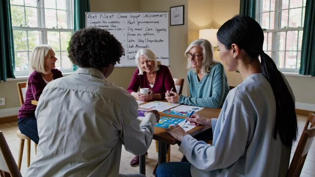 Group of adults engaged in an art planning session at a community center in the afternoon