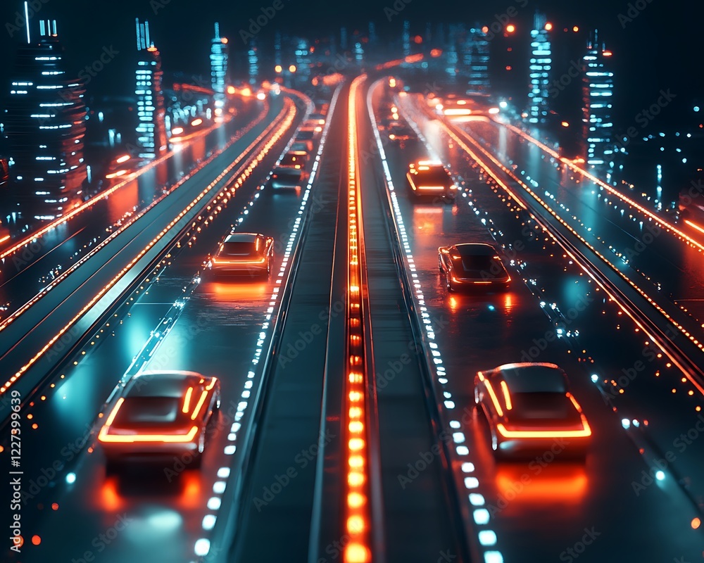 Poster A futuristic highway scene featuring AI-controlled traffic in a visually striking image.