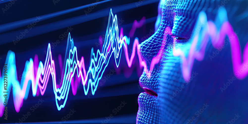 Poster digital face profile with neon waveform data