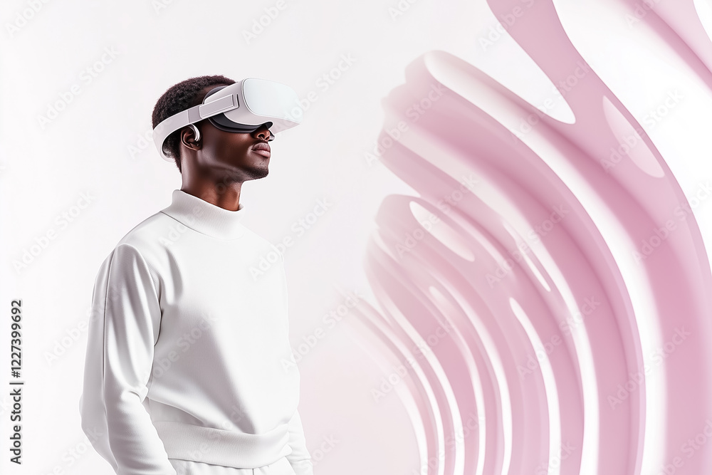 Poster a solitary figure dressed in minimalist attire explores virtual reality while standing still in an e