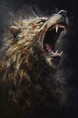 Obraz premium A Fierce Wolf Howling Aggressively in Dark Depths, Exposing Sharp Teeth and Fangs.