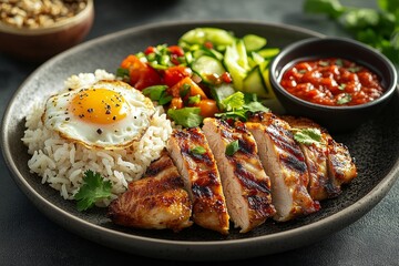 Grilled chicken, rice, egg, salad, sauce. Healthy meal