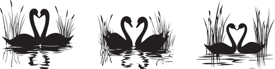 Silhouette of a pair of swans in a wetland vector silhouette