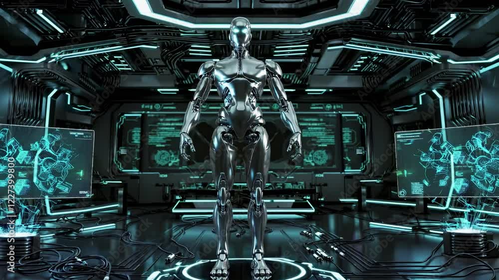 Poster advanced humanoid robot stands in a high-tech laboratory, surrounded by holographic screens displayi