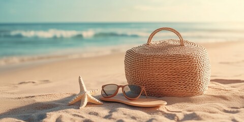 Summer beach essentials, including a straw hat, flip-flops, sunglasses, and a starfish on golden sand, captured in a bright and minimalistic summer-themed composition.