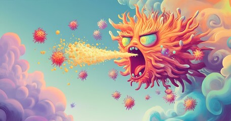 Fototapeta na wymiar A Furious Virus Spewing Pathogens Among Fluffy Clouds in the Light Sky.