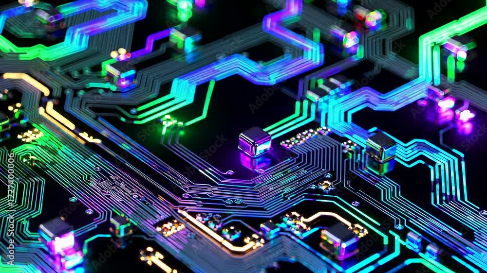 Poster close-up of a colorful circuit board featuring illuminated pathways and microchips, showcasing advan