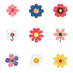 Nine Colorful Floral Designs Vibrant Spring Flowers red art pink blue cute icon 