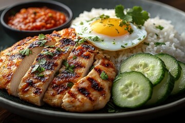 Grilled chicken, rice, egg, and cucumber.  Delicious Asian meal