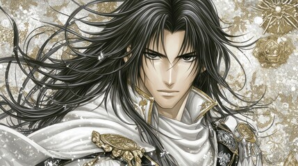 Anime man portrait, windswept hair, ornate background, fantasy art, book cover