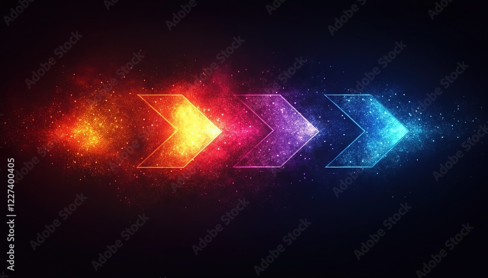Poster glowing neon arrows streak across dark space with colorful particle trails