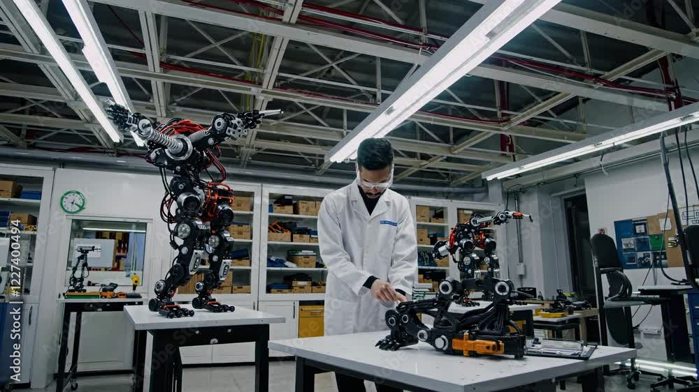 Poster innovative robotics engineer tests advanced humanoid robots in a high-tech lab