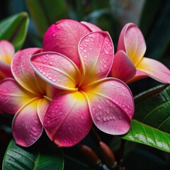 Fototapeta premium Pink frangipani flowers with fresh green leaves