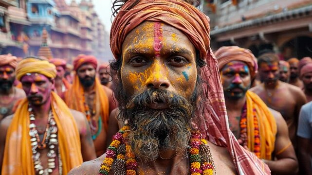 During the Holi festival, individuals gather in a vibrant display of colors, wearing traditional attire and expressing joy through playful powder throwing.