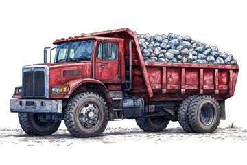 Obraz premium Dump Truck filled with stones isolated on white background. Dump Truck with stones. Heavy Machinery. Construction Vehicle loaded with stones. Dump Truck Design Element. Stone-filled Dump Truck.