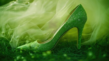 Green Glittered High Heel Shoes