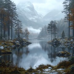 mountain lake shrouded in fog