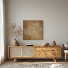 Scandinavian Living Room Interior with Wooden Sideboard and Geometric Rug in Soft Ambient Lighting
