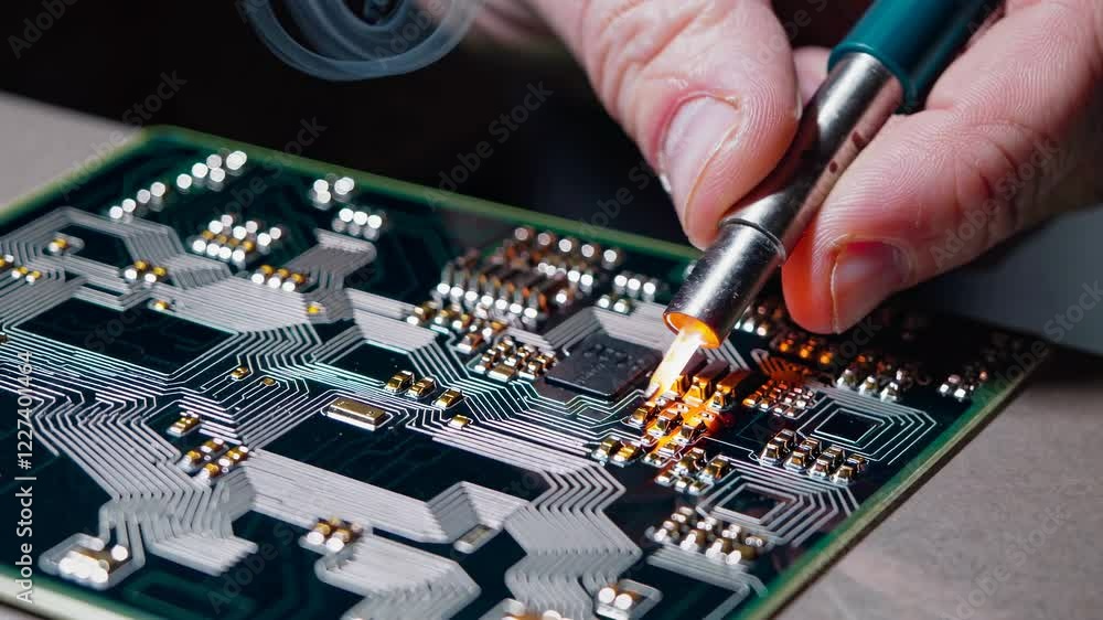 Aufkleber Exploring the detailed process of repairing a circuit board with precision tools in a workshop setting