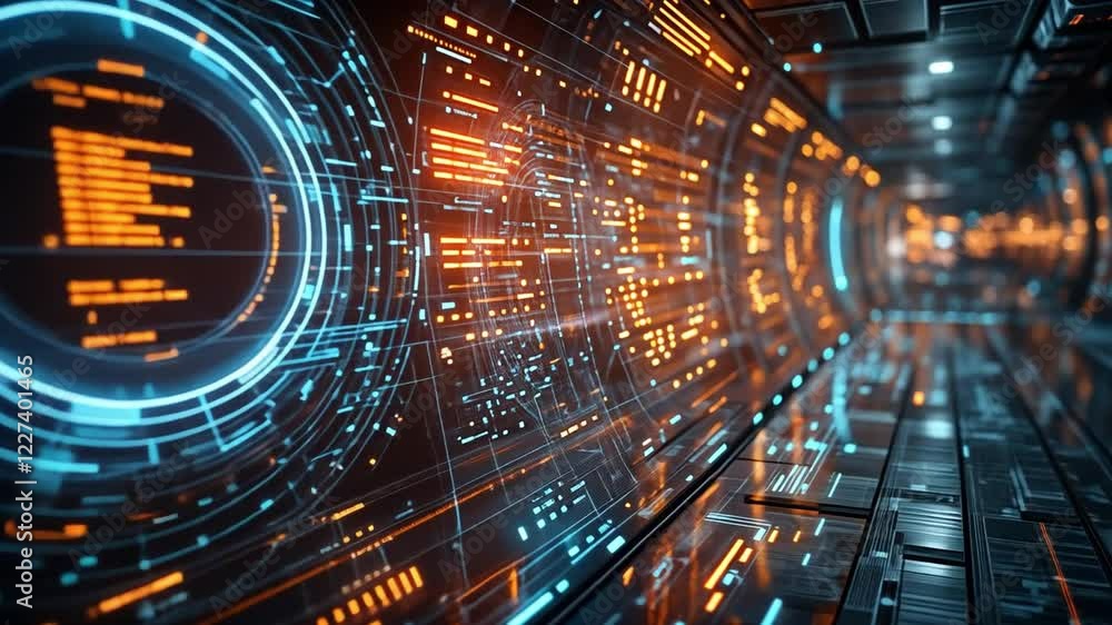 Poster futuristic digital corridor with glowing panels and data streams inside a sci-fi environment