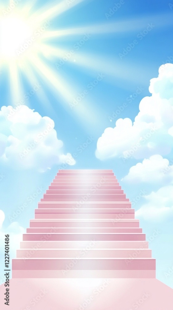 Poster a set of elegant stairs ascends into a radiant blue sky, surrounded by fluffy white clouds. sunlight
