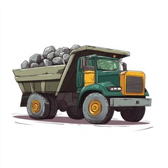 Obraz premium Dump Truck filled with stones isolated on white background. Dump Truck with stones. Heavy Machinery. Construction Vehicle loaded with stones. Dump Truck Design Element. Stone-filled Dump Truck.