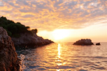 A beautifully captured moment of the golden hour reflecting on a calm water surface, highlighted by soft waves and the warmth of a sunset, creating a serene and peaceful mood.