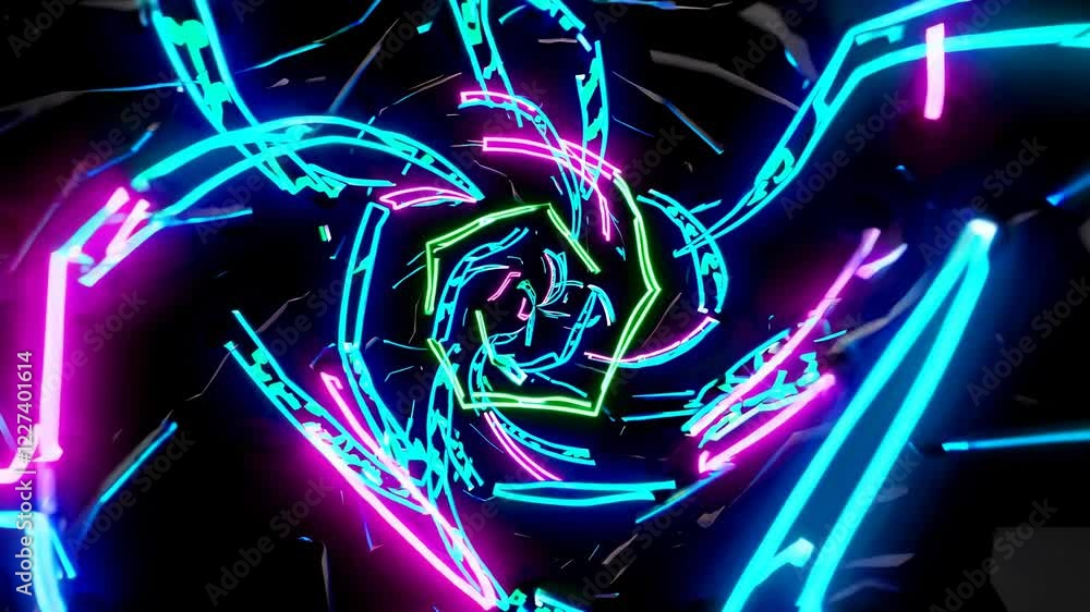 Poster bright neon lights in green, blue and pink are rotating and creating a colorful vortex in the dark s