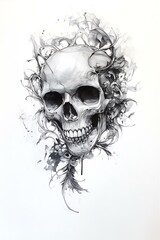 A Spectral Skull Fading Amidst Swirling Haze in Ethereal Black and White Design.
