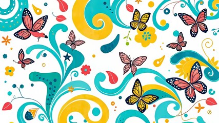 Fototapeta premium Boho Birds & Butterflies Travel Background - Vibrant Pattern
