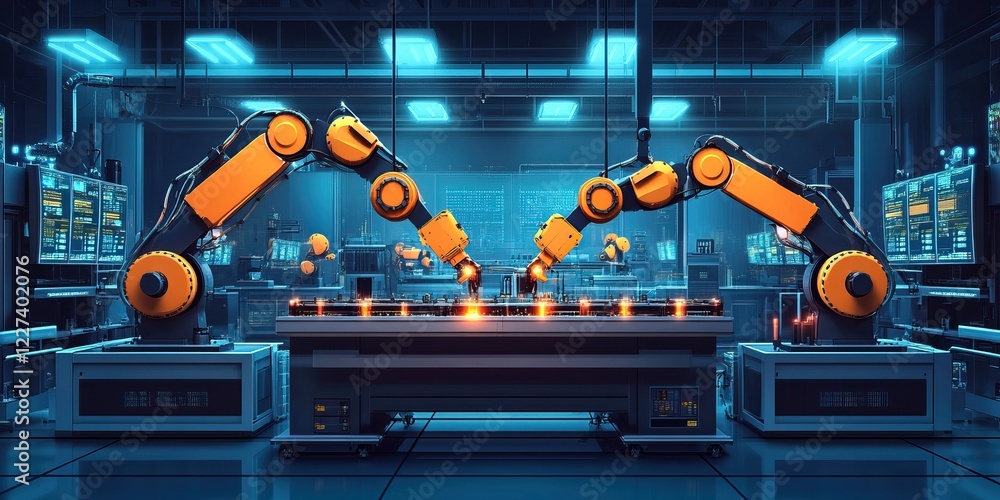 Poster advanced robotic arms work in a high-tech factory, showcasing automation and precision in a futurist
