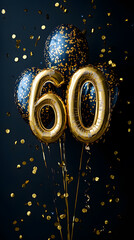 60th Birthday Celebration Concept with Balloons, Cake, and Number 60