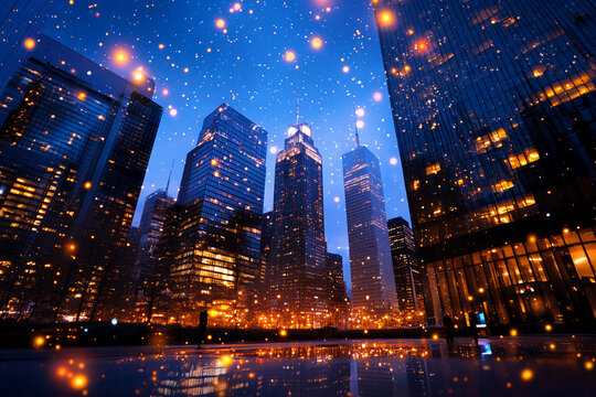 Reflections on Urban Glass: Tall office buildings at night with glass facades reflecting the starry sky and city lights, blending nature and urban life in perfect harmony