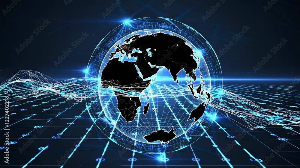 Poster futuristic digital world map illustrating binary data flowing around planet earth, highlighting glob