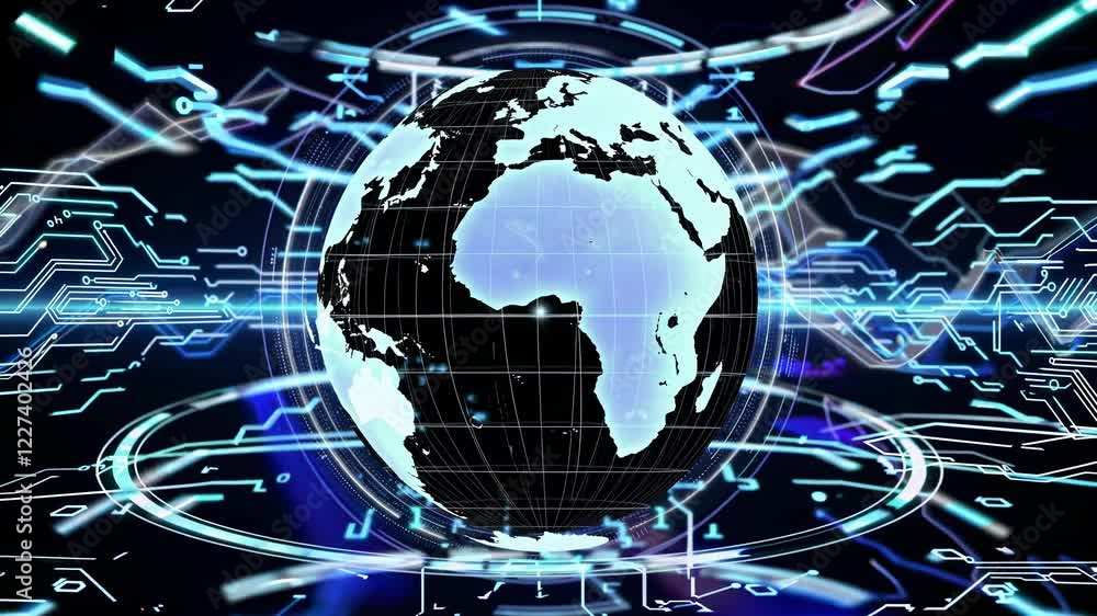 Poster futuristic digital data streams flow around a rotating planet earth, symbolizing global communicatio
