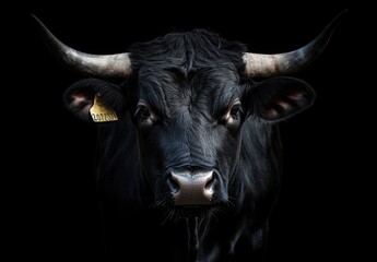 A black bull with a tag on its ear