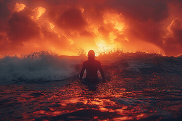 Obraz premium Surfer is practicing surfing on big wave on the ocean generative AI