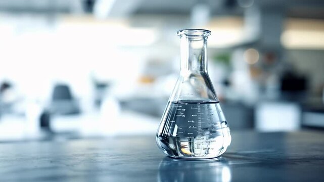 Scientific laboratory glassware with clear liquid in research facility. Chemical experiment in modern lab setting. Close-up view of conical flask with solution against blurred background