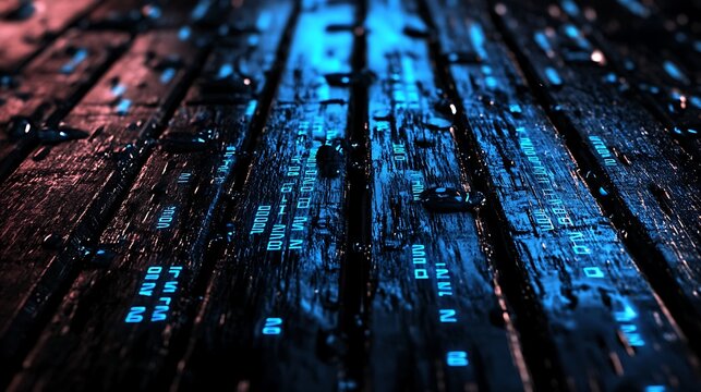 Wet wooden planks, illuminated with blue and pink light, display encoded data, creating a striking visual metaphor for the intersection of nature and digital technology