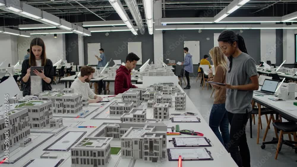 Poster students collaborate on architectural models in a design studio