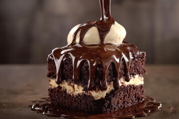 slice of chocolate cake with a chocolate brownie base, lavishly covered in hot melted chocolate and finished with a dollop of cream for an irresistible treat