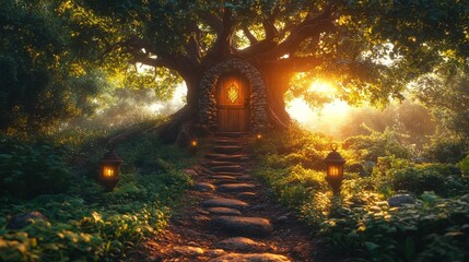Fototapeta premium Enchanting Tree Cottage with Door in a Lush Forest at Golden Sunset Surrounded by Lanterns and Nature's Glow